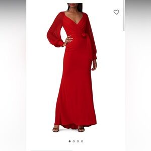 NWT red Badgley Mischka bow crepe gown button sleeves